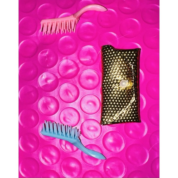 Barbie Handbags - Vintage Barbie Clutch Purse - Gold Dimple - Bag Wallet + 2 Vtg Barbie brushes
